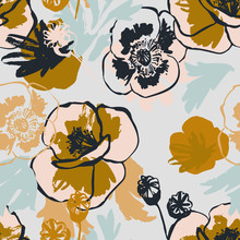 Abstract Poppy Flower Seamless Pattern In Pastel Golden Colors