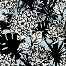 Hand Drawn Abstract Tropical Summer Background: Hydrangea, Protea Flowers, Palm, Monstera Leaves