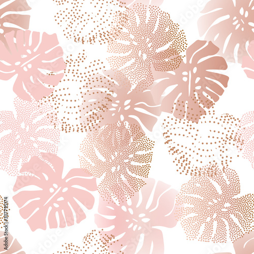 Monochrome tropical gradient and dotted leaves with optical distorted half to...