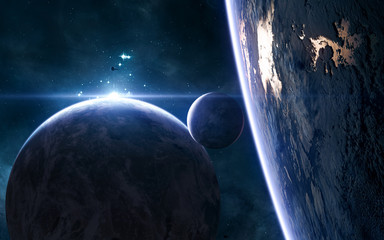 Wall Mural - Planets of deep space in blue rays of a star cluster. Science fiction. Elements of this image furnished by NASA