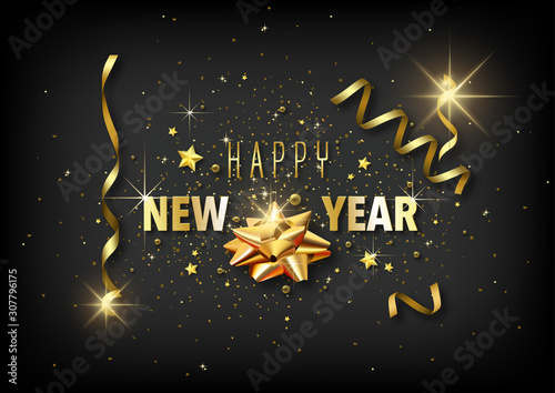 Luxury Happy New Year Greeting Card with Golden Decoration on Black Backgroun...