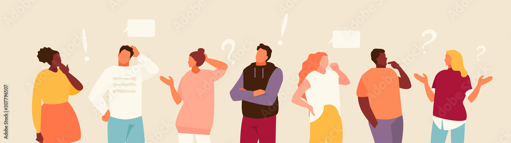 Set of puzzled and surprised office people. Problem solving and discussion. Vector flat illustration - obrazy, fototapety, plakaty 