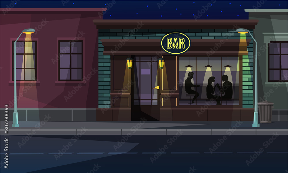 City street, bar entrance and people rest in pub Stock Vector | Adobe Stock