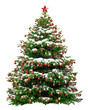 Beautiful Christmas tree decorated with red balls. Snowy Christmas tree wit red star isolated on white background.
