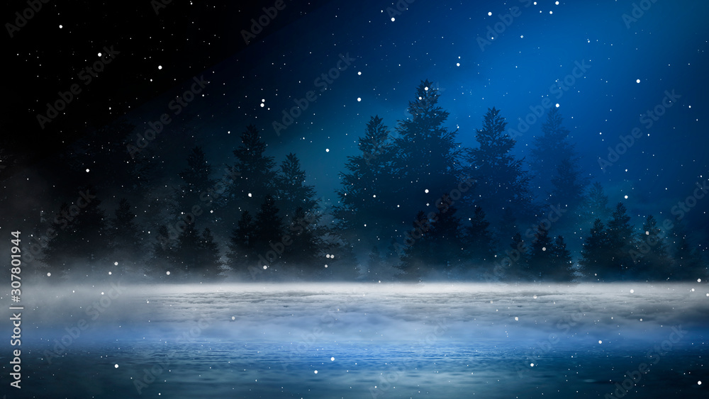 Empty night nature scene. The night starry sky, the rays of the blue ...