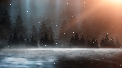 Wall Mural - empty night nature scene. the night starry sky, the rays of the blue neon spotlight. snowy winter ni