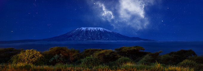 stars over mount kilimajaro. panoramic, night scenery of snow capped highest african mountain, lit b