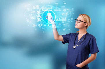 Poster - Doctor touching hologram screen displaying medical symbols and charts