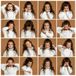 collage of portraits of little girl with different sad and angry emotions on beige background