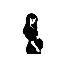 Wall Mural - Black silhouette of a beautiful pregnant woman. Side view of a cute girl with a pregnant belly. Flat cartoon illustration isolated on white background