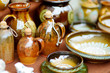 Ceramic dishes, tableware and jugs sold on Easter market in Vilnius, Lithuania
