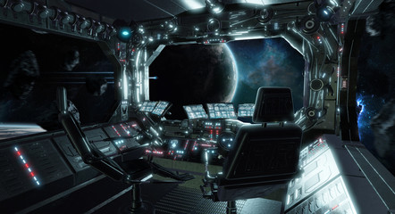 Poster - Spaceship grunge interior control room with view on space 3D rendering elements of this image furnished by NASA
