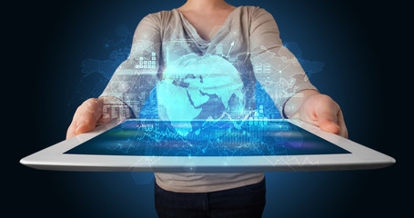Poster - Hand holding tablet with global database concept