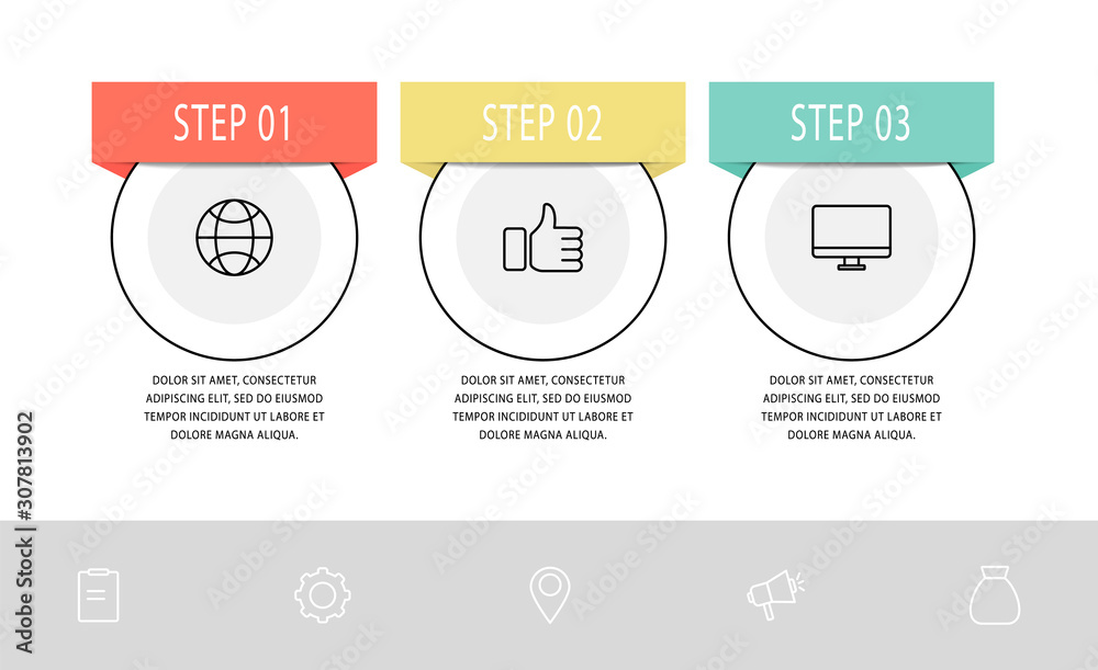 Vector flat line template circle infographics. Business concept with 3 ...