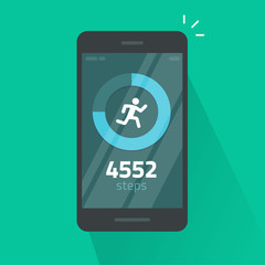 Poster - Run or fitness steps tracker app on mobile phone vector isolated, flat cartoon smartphone sport moving activity or tracking data on cellphone screen image