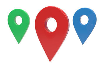 Fototapete - Blue, red and green map pointer 3d pin. Location symbol isolated on white background. Web location point, pointer. 3D rendering.