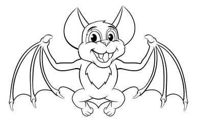 Sticker - A cute Halloween bat cartoon character in black and white outline, could be used as coloring book page