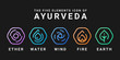 The Five elements icon of Ayurveda with ether water wind fire and earth Line Rounded hexagon icon sign vector design