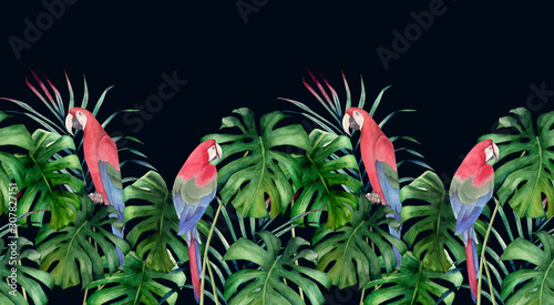 Tropical seamless pattern with parrots and leaves on dark  background. Waterc...