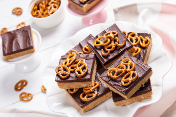 Canvas Print - Chocolate Peanut Butter Bars topped with pretzel