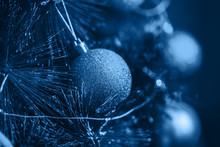 Photo Of Blue Christmas Balls At Spruce, Color Of The Year 2020