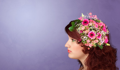 Blossomed head with colorful flowers and spring concept