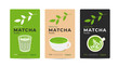 Green tea matcha powder packaging design concept. Set of vector illustrations of healthy organic beverage, сup and glass of drink matcha latte. Branches of tea plant with leaves. Mockup for pack, ad.