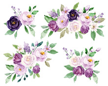 Set With Watercolor Flowers, Leaves. Violet Roses. Bouquets Perfectly For Greeting Card, Wedding Invitation, Poster, Stickers And Other Printing. Isolation On White Background. Hand Painting.