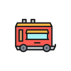 Sticker - Vector mobile kitchen food trailer flat color line icon.