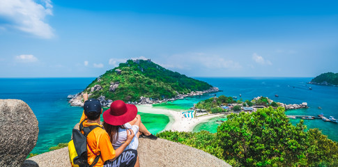 Wall Mural - Panorama couple traveler joy view beautiful nature scenic landscape Koh Nang Yuan island Famous adventure landmark tourist travel Thailand fun beach summer holiday vacation, Tourism destinations Asia