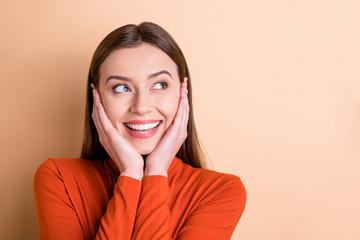 Canvas Print - Close-up portrait of her she nice-looking attractive lovely cheerful cheery straight-haired girl creative marketing director dreaming about opportunities isolated over beige pastel color background