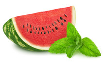 Composition With Cutted Watermelon And Sprig Of Mint Isolated On A White Background With Clipping Path.
