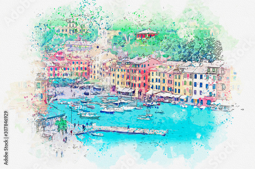 Cuadros en Lienzo Watercolor drawing picture of Landscape Portofino famous small town at Italy