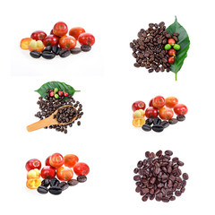 Wall Mural - Red and black coffee beans on white background