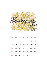 February. Wall Calendar 2020 Template With Hand Drawing Lettering Month Name On Sparkle Background. Vector Illustration 8 EPS.