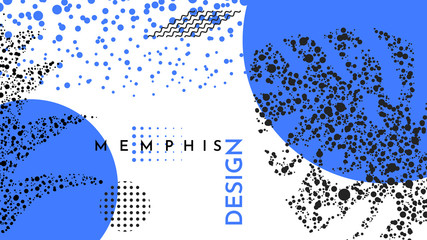 Fototapete - Trend poster. Bright dotted geometric leaves foliage. Blue color elements composition. Background in restrained style. Magazine, leaflet, billboard, sale, website template. Monstera. Large plants 