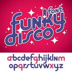 Poster - Set of vector rounded lower case funky English alphabet letters with parallel lines, can be used as logo design element for event companies.