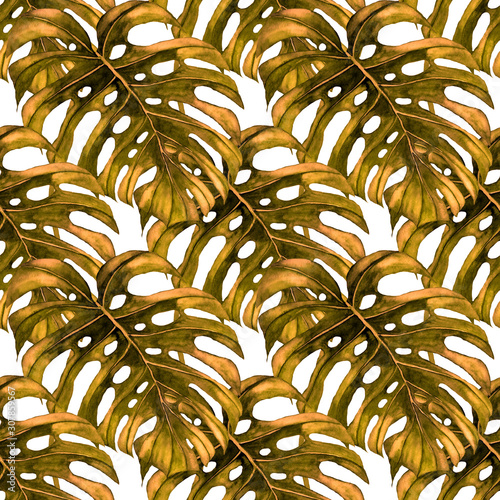 Watercolor seamless pattern with tropical leaves and flowers. Beautiful allov...