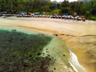 Aerial view of the Crsytal bay coastline and beach, Nusa Penida island, Indonesia