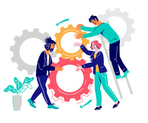 Wall Mural - Business people collaborate to put wheel gears together and find solution. Team work and partnership metaphor with characters, colleagues or coworkers, flat cartoon vector illustration isolated.