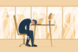 © Azat Valeev - Professional burnout syndrome. Exhausted tired male employee in office sad boring sitting head down on laptop. Frustrated worker man mental health problems. Vector long work stress day illustration