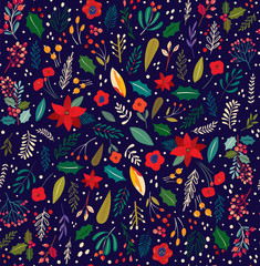 Wall Mural - Beautiful Christmas floral vector seamless pattern	