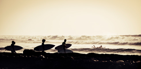 Wall Mural - silhouette of four surfers entering at the water with surfboards and wetsuits - surfing at the sunset and with waves at the background