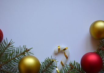 Wall Mural - Frame of fir branches and Christmas balls. Beautiful festive Christmas composition, congratulation