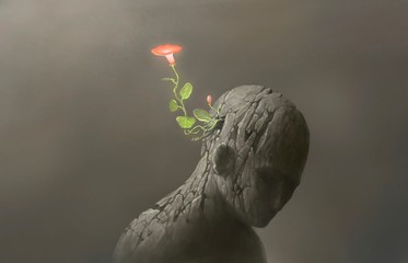 Life and freedom and hope concept , Imagination of surreal scene flower with broken human sculpture, digital artwork illustration