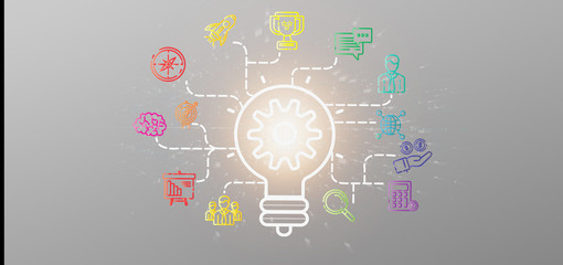 Poster - Bulb lamp idea concept with start up icon connected 3d rendering