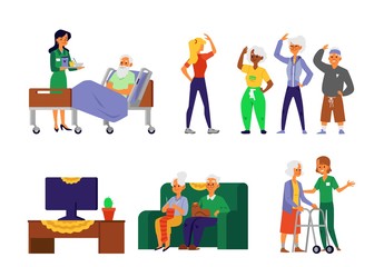 Elderly people in nursing home care - cartoon set of old men and women leisure time