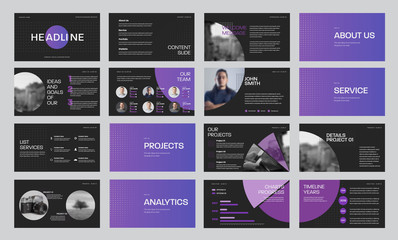 Poster - Set of black vector slide templates with gradient purple circles and photos, for annual report and presentation of web slides for marketing