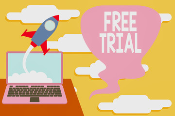 Aufkleber - Handwriting text Free Trial. Conceptual photo Product or service offered for no cost to try and give feedback Successful rocket launching clouds out laptop background. Startup growing