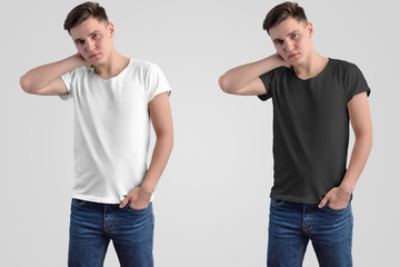 Sticker - Template of white and black men's t-shirts on a guy.